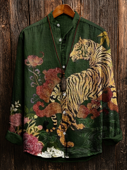 Men's Tiger And Floral Art Print Long Sleeve Shirt-Styleame