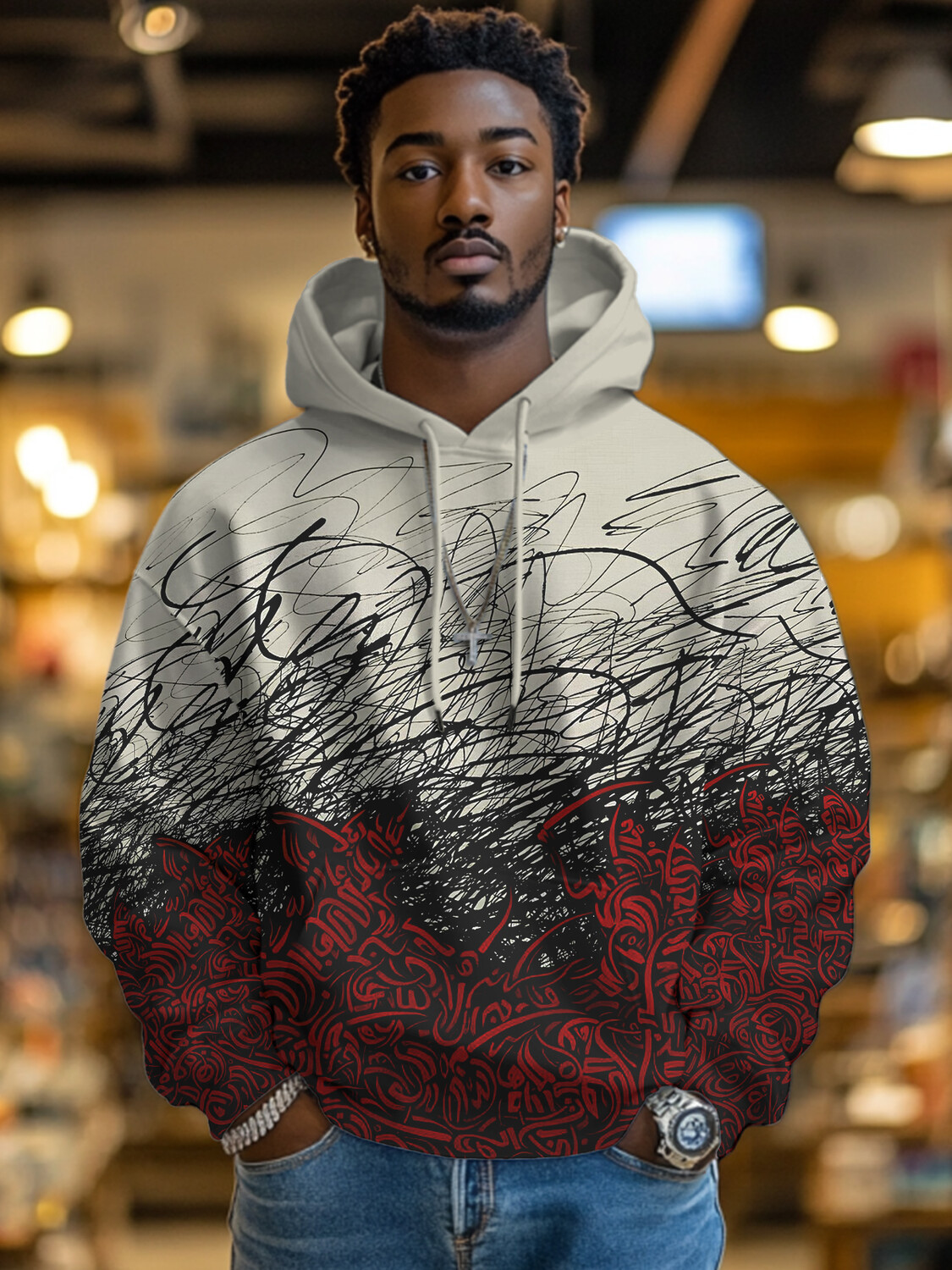 Men's Graffiti Calligraphy Art Color Block Print Hooded Sweatshirt-Styleame