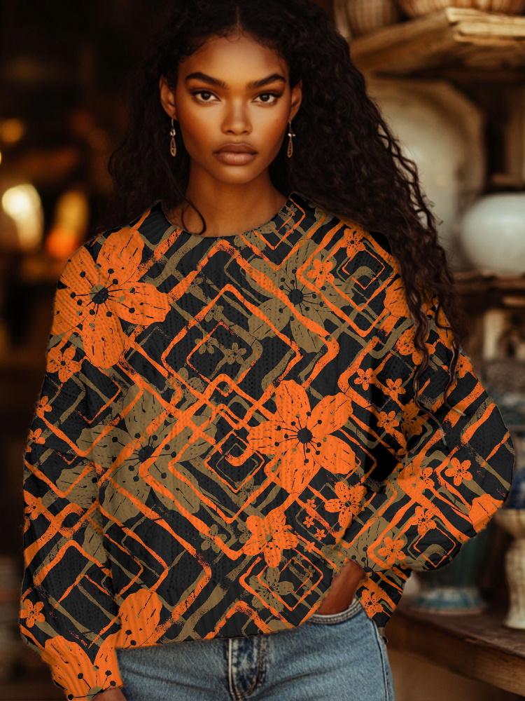 Women's Floral Geometric Pattern Art Print Casual Sweatshirt-Styleame