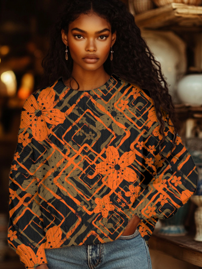 Women's Floral Geometric Pattern Art Print Casual Sweatshirt-Styleame