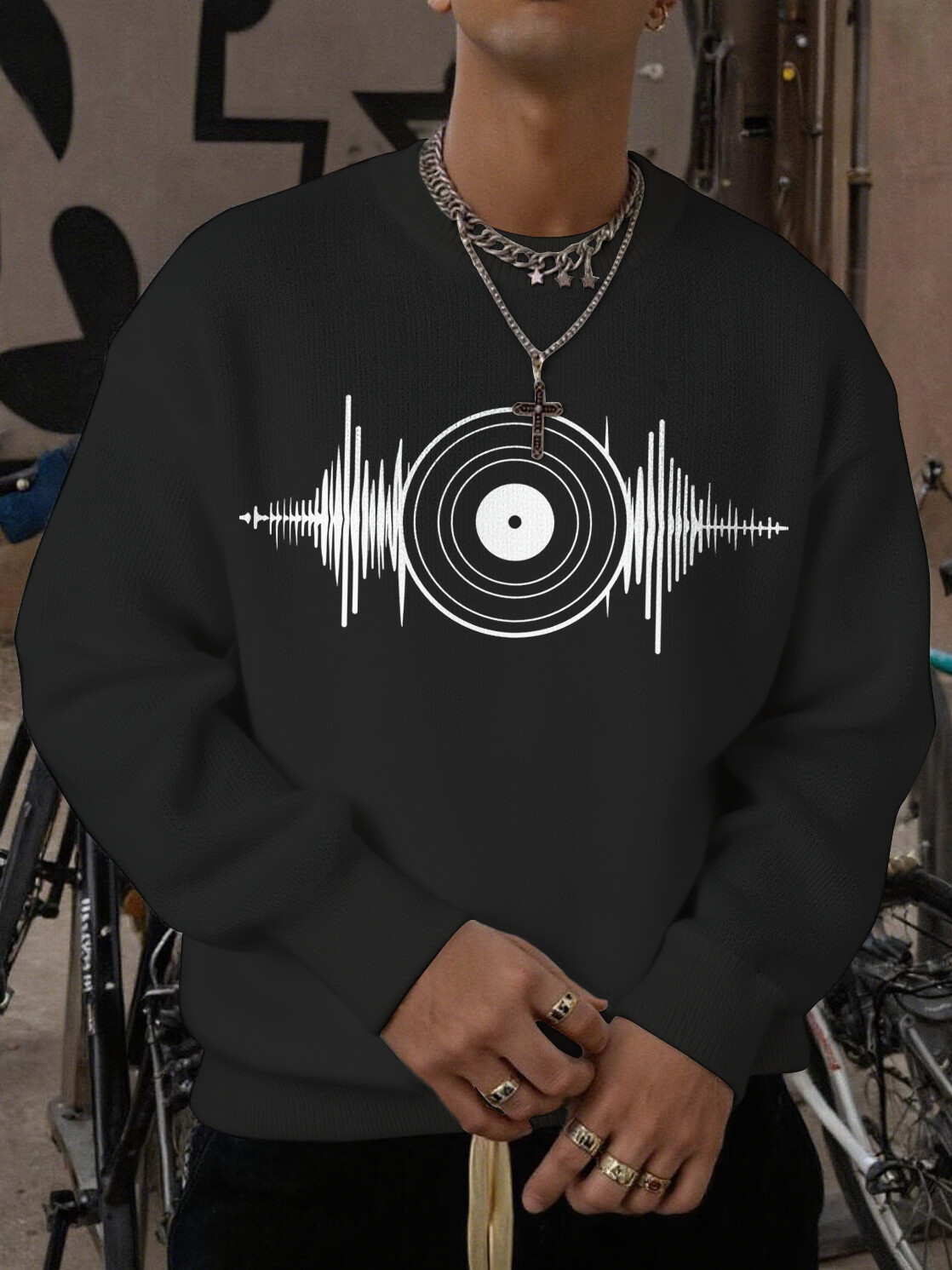 Men's Music Sound Wave Print Knit Sweatshirt-Styleame