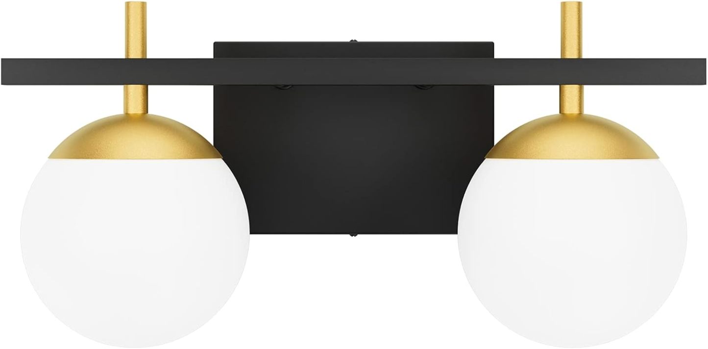2-Light Black Gold Bathroom Vanity Light Mid Century Modern Bathroom Light Fixture Black/Golden Milky Glass Ball Wall Light for Bathroom