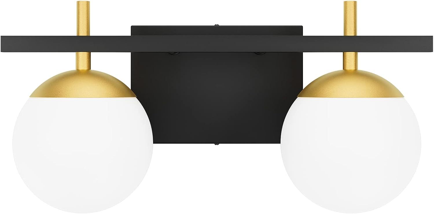 2-Light Black Gold Bathroom Vanity Light Mid Century Modern Bathroom Light Fixture Black/Golden Milky Glass Ball Wall Light for Bathroom