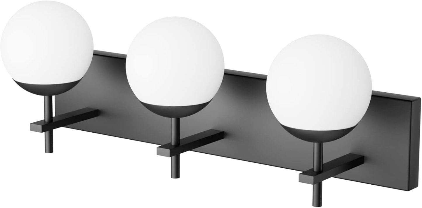 Matte Black Bathroom Vanity Light 3-Light Mid Century Modern Black Bathroom Lights Fixtures Milky Glass Globe Matte Black Bathroom Wall Light Fixture (Exclude Bulb)