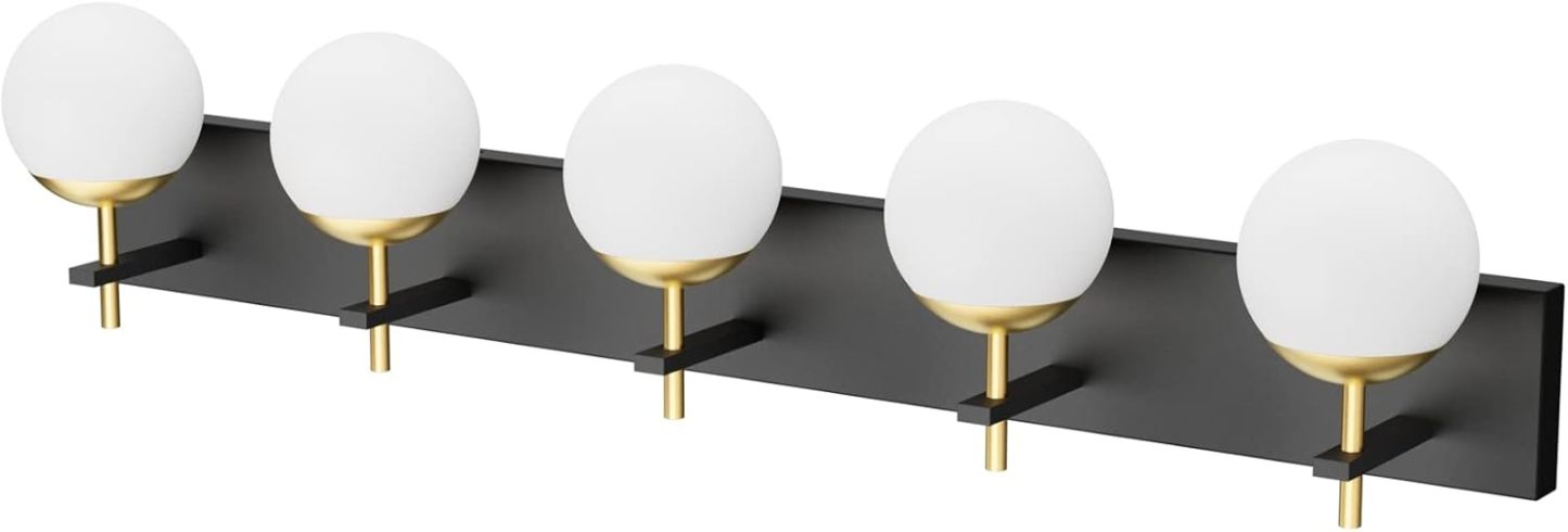 Mid Century Modern Vanity Lights for Bathroom 5-Light Milky Glass Globe Modern Bathroom Vanity Lights Over Long Mirror, Black/Golden Bathroom Wall Light Fixture (Exclude Bulb)