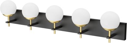 Mid Century Modern Vanity Lights for Bathroom 5-Light Milky Glass Globe Modern Bathroom Vanity Lights Over Long Mirror, Black/Golden Bathroom Wall Light Fixture (Exclude Bulb)