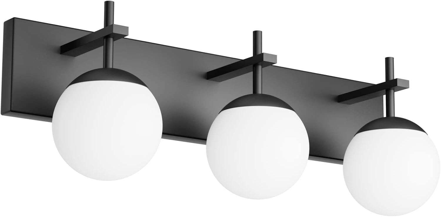 Matte Black Bathroom Vanity Light 3-Light Mid Century Modern Black Bathroom Lights Fixtures Milky Glass Globe Matte Black Bathroom Wall Light Fixture (Exclude Bulb)