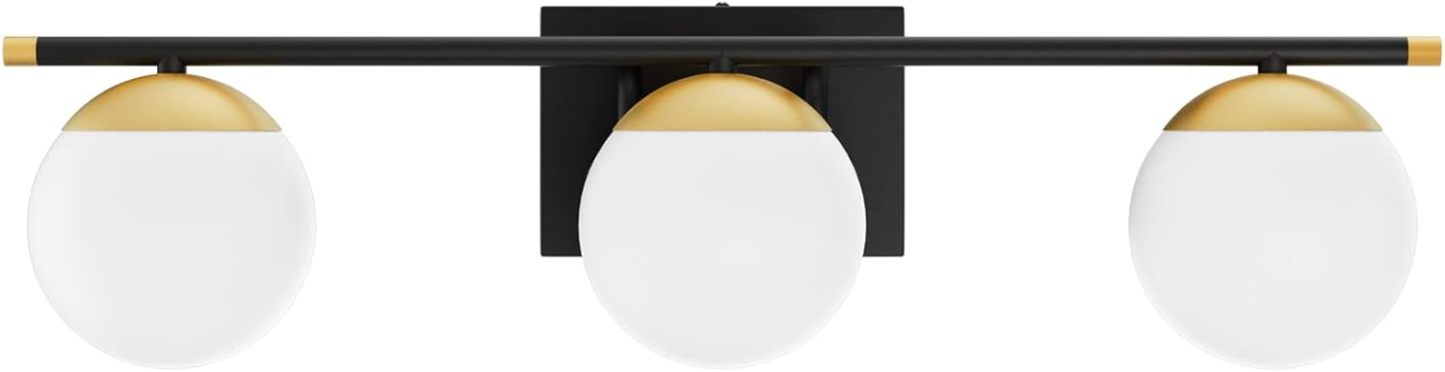 Black and Gold Bathroom Lights 3-Light Mid Century Modern Bathroom Vanity Lights Milky Glass Black and Gold Vanity Lights for Bathroom