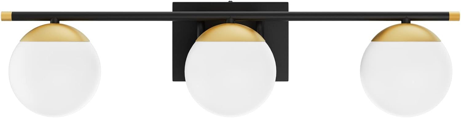 Black and Gold Bathroom Lights 3-Light Mid Century Modern Bathroom Vanity Lights Milky Glass Black and Gold Vanity Lights for Bathroom