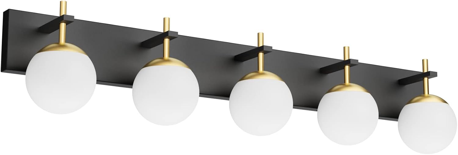 Mid Century Modern Vanity Lights for Bathroom 5-Light Milky Glass Globe Modern Bathroom Vanity Lights Over Long Mirror, Black/Golden Bathroom Wall Light Fixture (Exclude Bulb)