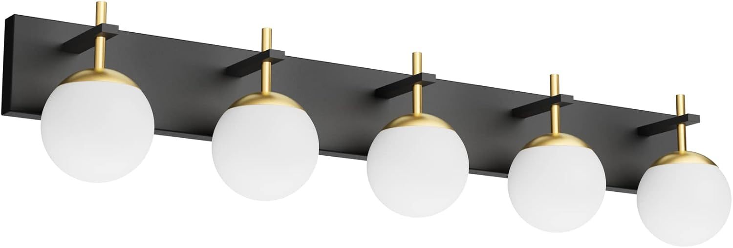 Mid Century Modern Vanity Lights for Bathroom 5-Light Milky Glass Globe Modern Bathroom Vanity Lights Over Long Mirror, Black/Golden Bathroom Wall Light Fixture (Exclude Bulb)