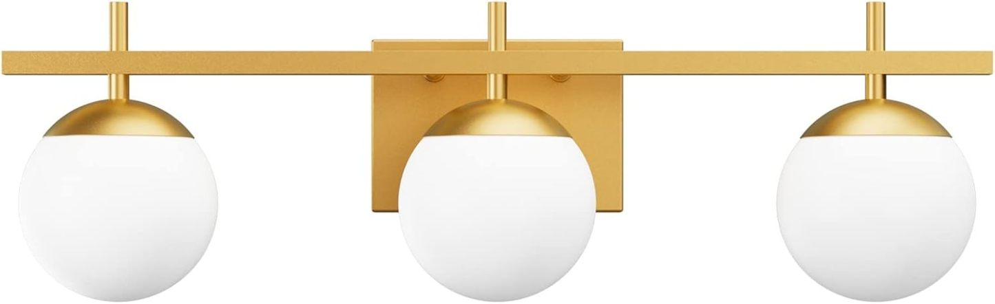 Mid Century Modern Gold Bathroom Light Fixtures 3-Light Gold Milky Glass Modern Bathroom Vanity Lights Over Mirror, Gold Wall Light for Bathroom (Exclude Bulb)