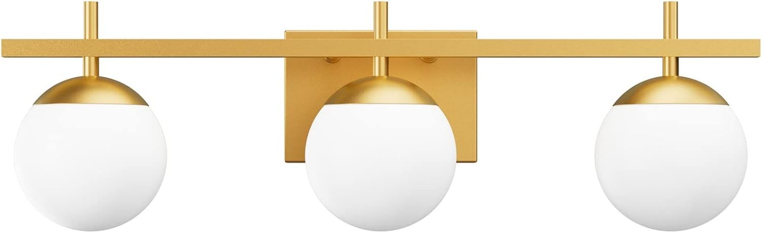Mid Century Modern Gold Bathroom Light Fixtures 3-Light Gold Milky Glass Modern Bathroom Vanity Lights Over Mirror, Gold Wall Light for Bathroom (Exclude Bulb)