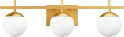 Mid Century Modern Gold Bathroom Light Fixtures 3-Light Gold Milky Glass Modern Bathroom Vanity Lights Over Mirror, Gold Wall Light for Bathroom (Exclude Bulb)