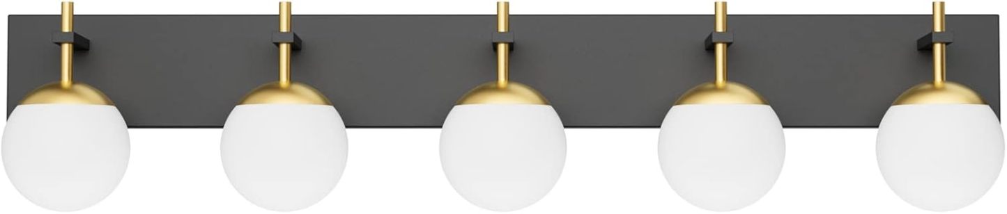 Mid Century Modern Vanity Lights for Bathroom 5-Light Milky Glass Globe Modern Bathroom Vanity Lights Over Long Mirror, Black/Golden Bathroom Wall Light Fixture (Exclude Bulb)