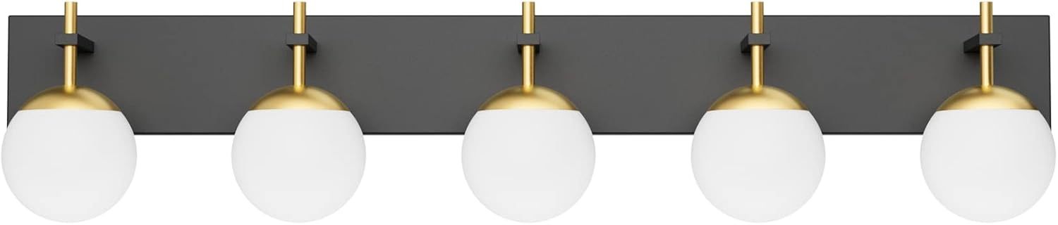 Mid Century Modern Vanity Lights for Bathroom 5-Light Milky Glass Globe Modern Bathroom Vanity Lights Over Long Mirror, Black/Golden Bathroom Wall Light Fixture (Exclude Bulb)