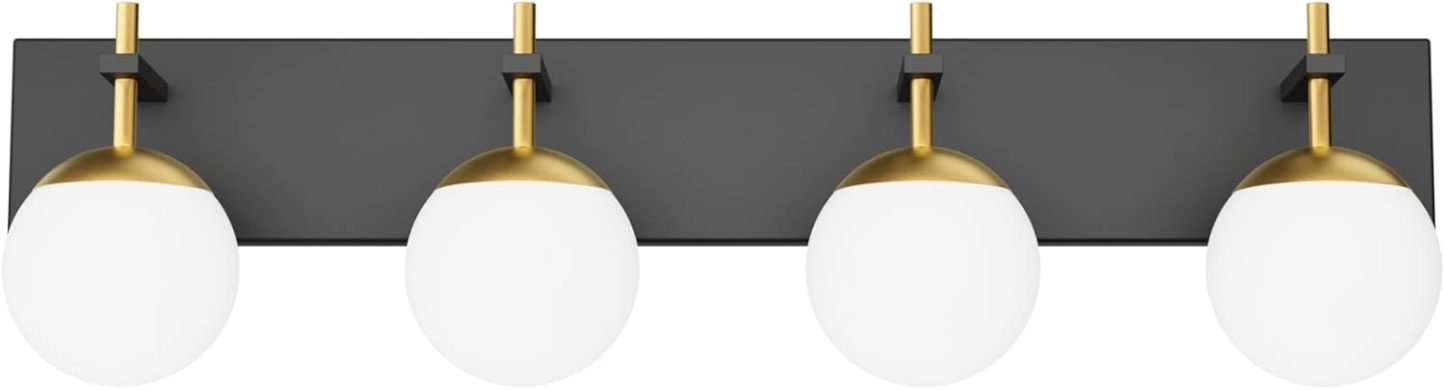 Mid Century Modern Vanity Lights for Bathroom 4-Light Milky Glass Globe Modern Bathroom Vanity Lights Over Mirror, Black/Golden Bathroom Wall Light Fixture (Exclude Bulb)