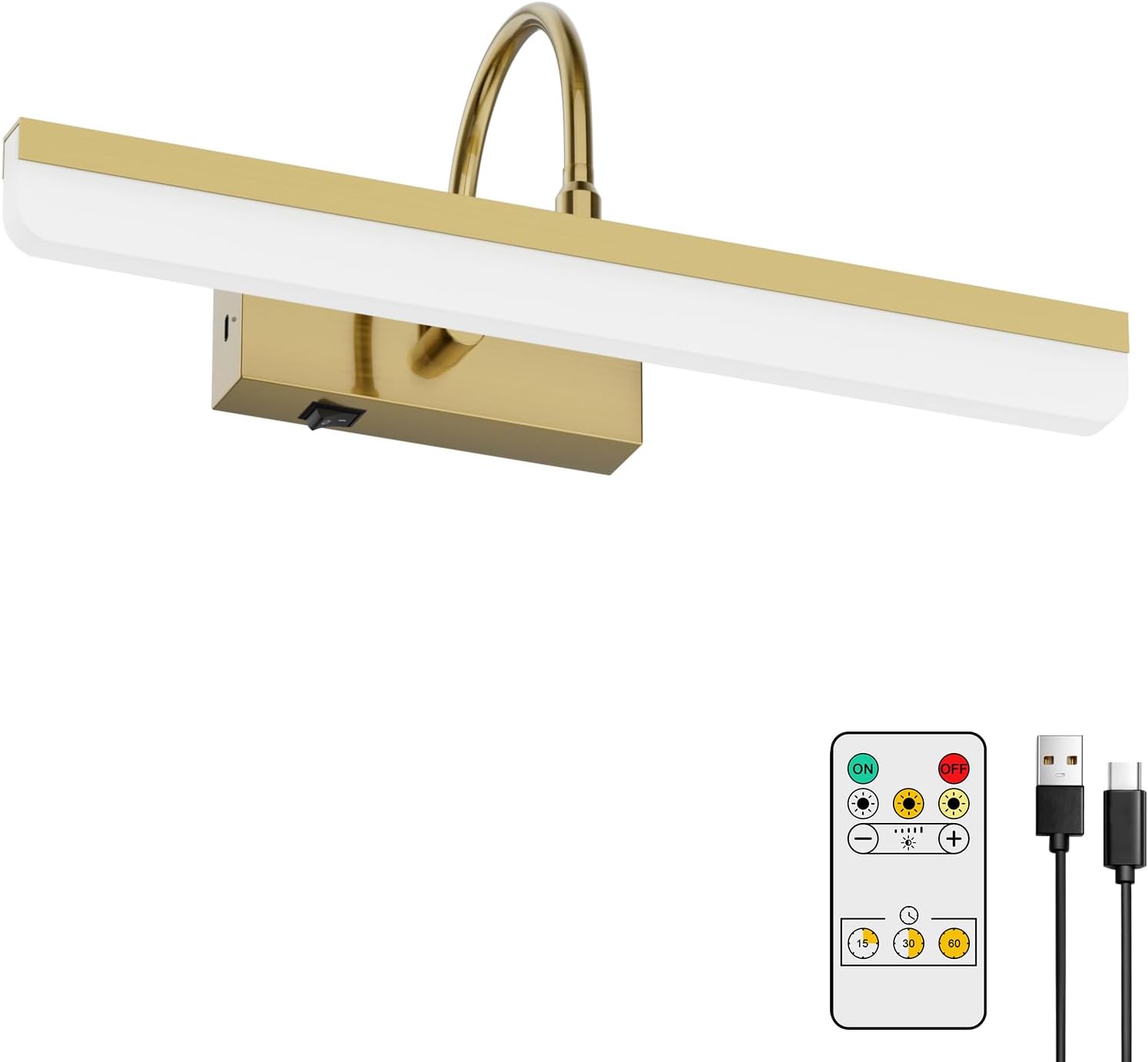 Battery Operated Picture Light Gold Modern LED Dimmable Picture Light with Remote Control Painting Light, 3 Lighting Modes, Rechargeable Battery Pictures Light with Timer