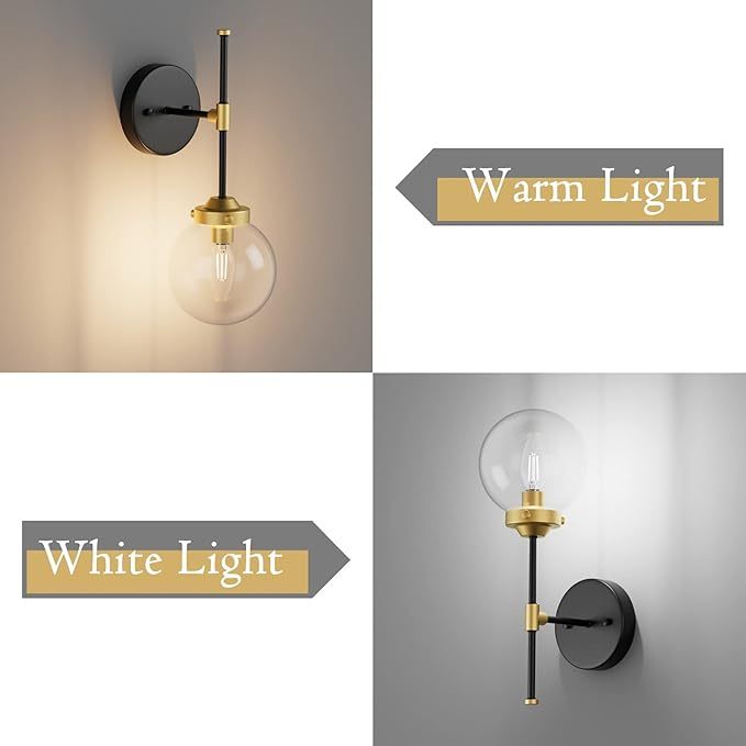 Black Gold Wall Sconce Indoor Industrial Globe Wall Light Fixture Clear Glass Globe Wall Lamp for Bathroom Kitchen Living Room Vanity Hallway (Exclude Bulb)