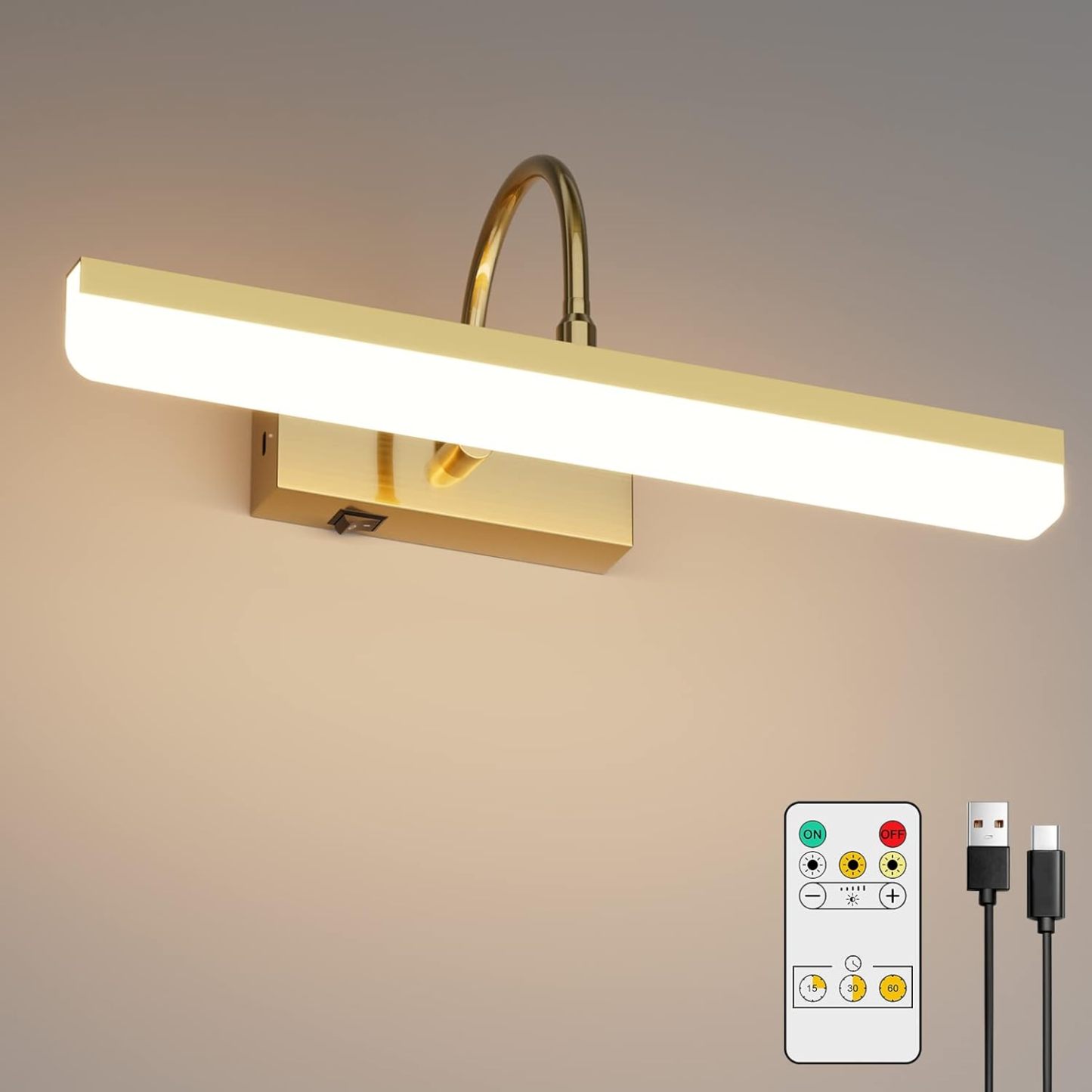 Battery Operated Picture Light Gold Modern LED Dimmable Picture Light with Remote Control Painting Light, 3 Lighting Modes, Rechargeable Battery Pictures Light with Timer