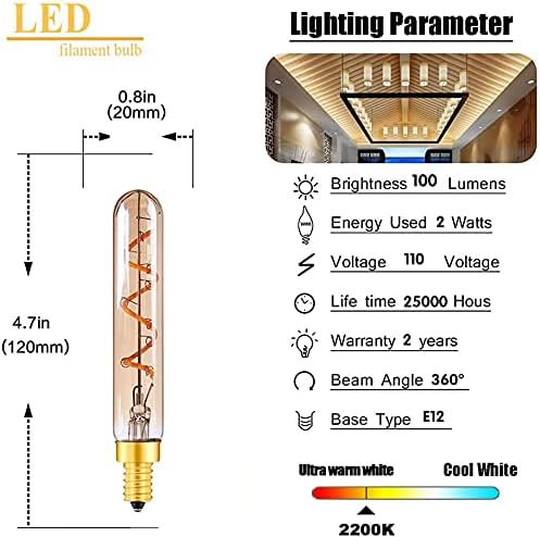6 Candelabra Led Light Bulbs, 2W E12 Edison Light Bulbs Tube Vintage LED Bulb Warm White 2200K, Candle Bulb 15 Watt Incandescent Equivalent,100lm, Not Dimmable, Pack of 6