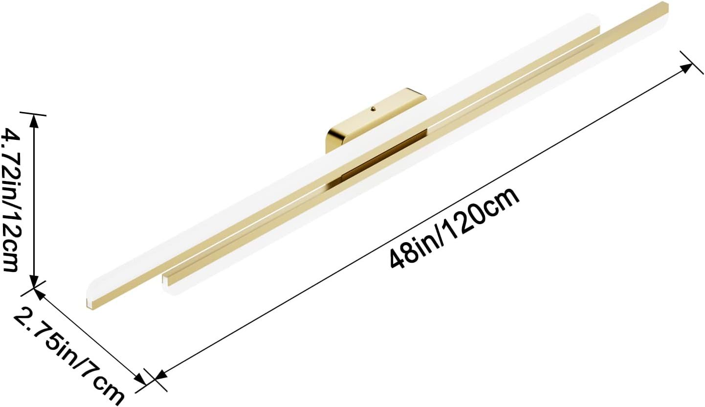 48" Gold Vanity Lights 48W Frosted Aluminum Modern LED Gold Bathroom Vanity Light Fixtures Over Long Mirror Modern Gold Bath Lighting 6000K White Light