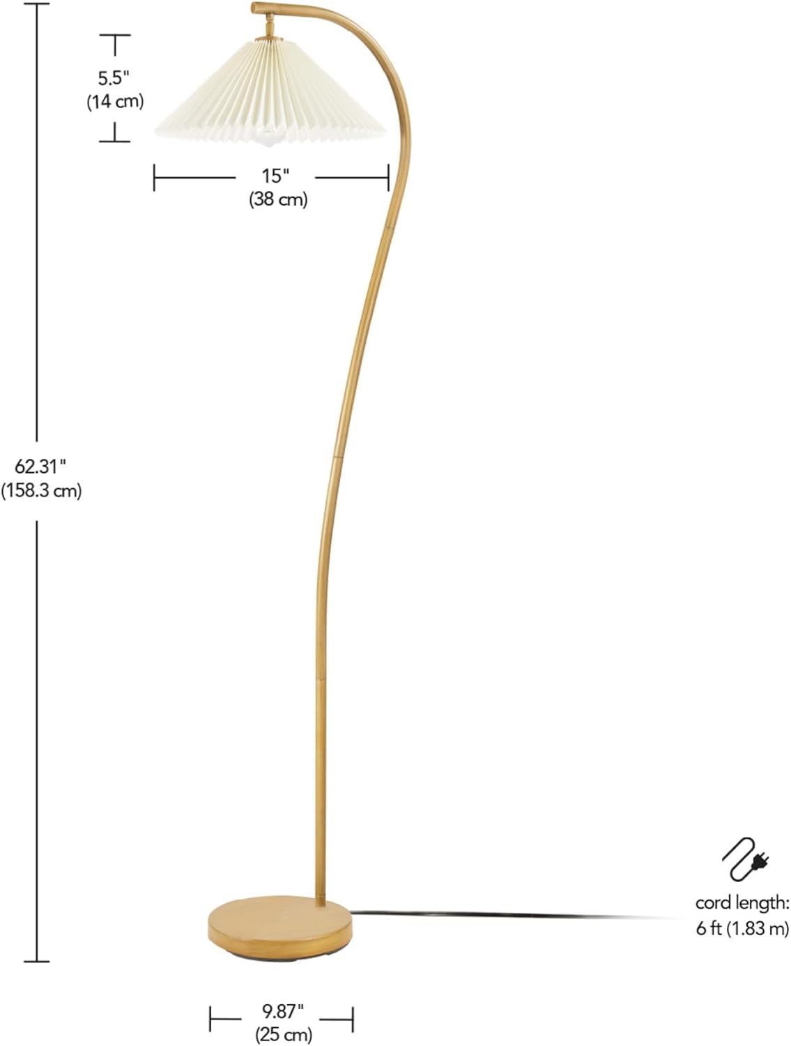 62" Floor Lamp, Faux Wood Finish, White Pleated Fabric Shade, Pivot Joint on Shade