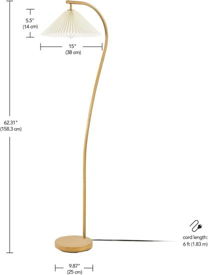 62" Floor Lamp, Faux Wood Finish, White Pleated Fabric Shade, Pivot Joint on Shade