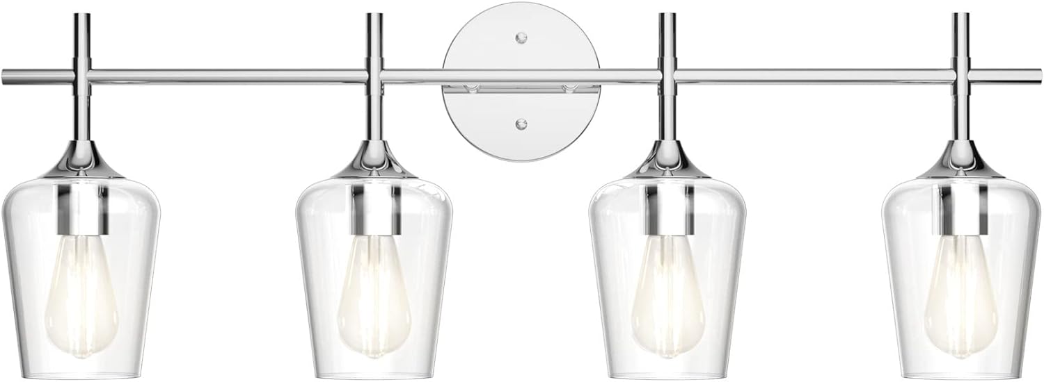 Chrome Bathoom Vanity Light 4 Light Industrial Farmhouse Chrome Bathroom Light Fixtures Over Mirror Clear Glass Chrome Vanity Light for Bathroom Wall Lighting Fixtures Over Mirror