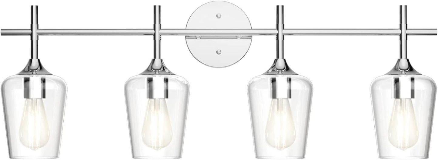 Chrome Bathoom Vanity Light 4 Light Industrial Farmhouse Chrome Bathroom Light Fixtures Over Mirror Clear Glass Chrome Vanity Light for Bathroom Wall Lighting Fixtures Over Mirror