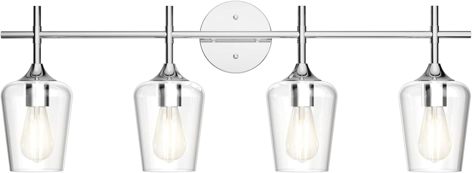 Chrome Bathoom Vanity Light 4 Light Industrial Farmhouse Chrome Bathroom Light Fixtures Over Mirror Clear Glass Chrome Vanity Light for Bathroom Wall Lighting Fixtures Over Mirror