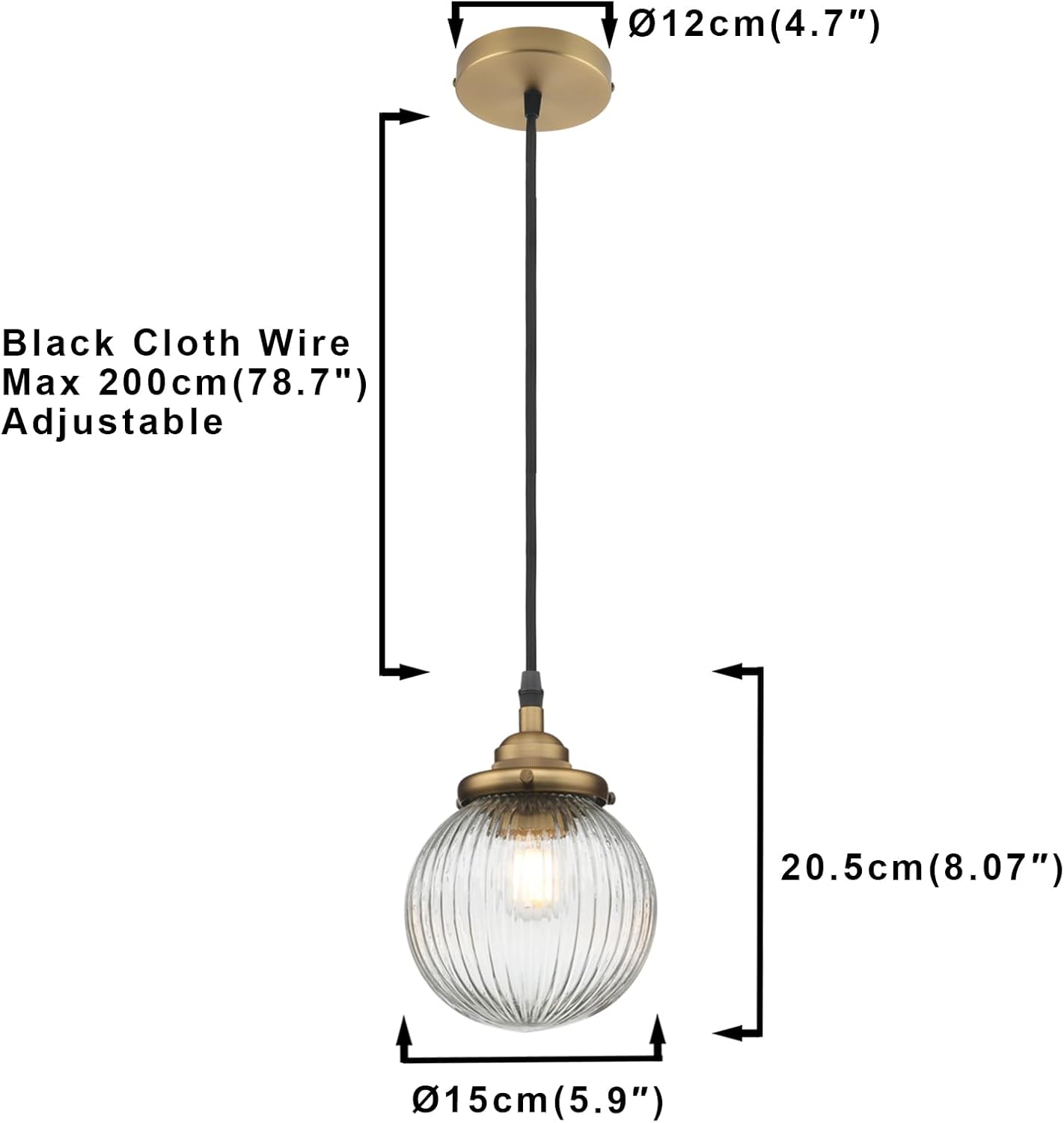 1-Light Vintage Kitchen Hanging Pendant Light Fixture, Single Hardwired Indoor Vanity Luxury Retro Textured Striped Round Glass Shade Samll Lamp for Dinning Room Living Room Island(Antique)