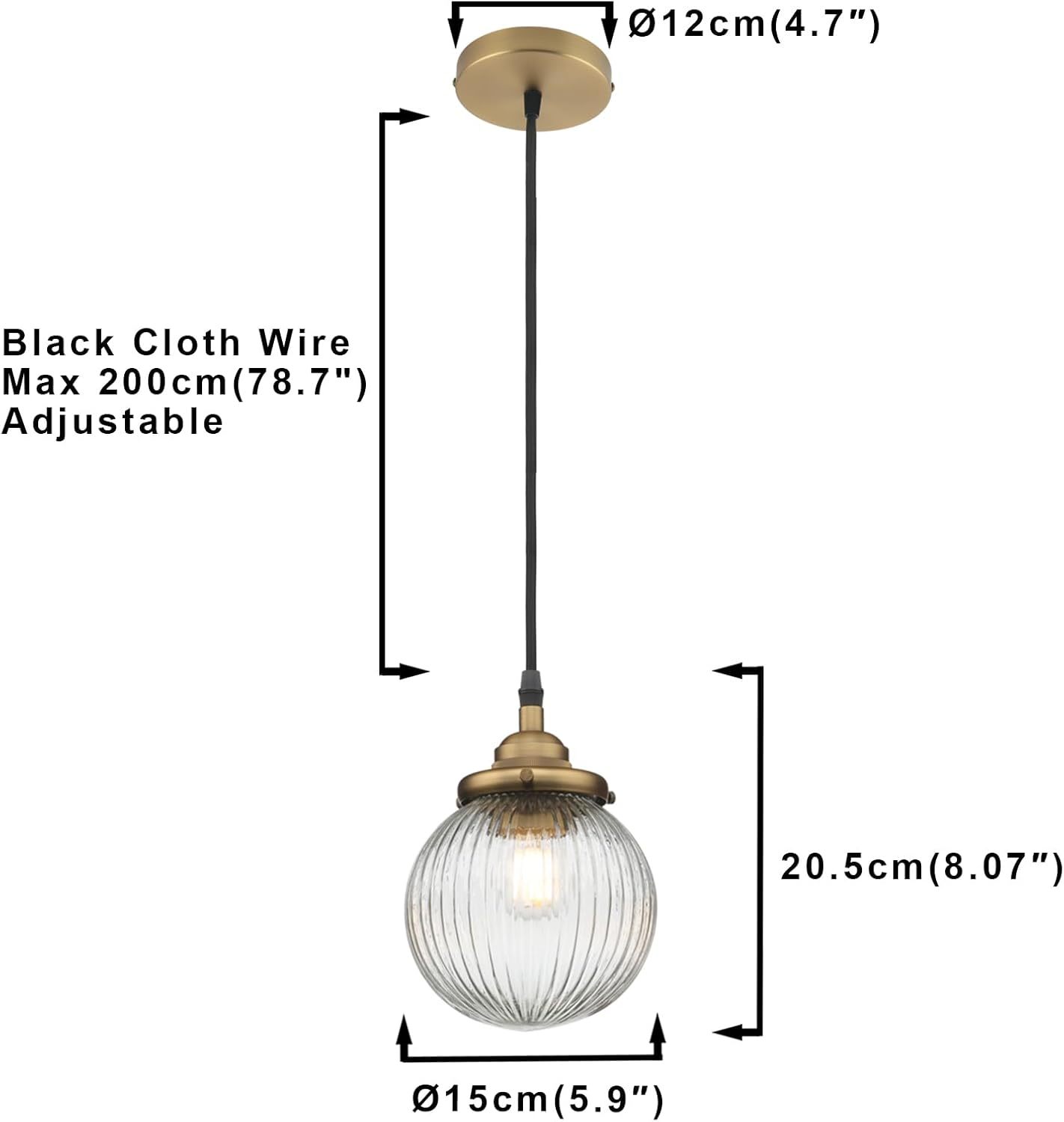 1-Light Vintage Kitchen Hanging Pendant Light Fixture, Single Hardwired Indoor Vanity Luxury Retro Textured Striped Round Glass Shade Samll Lamp for Dinning Room Living Room Island(Antique)