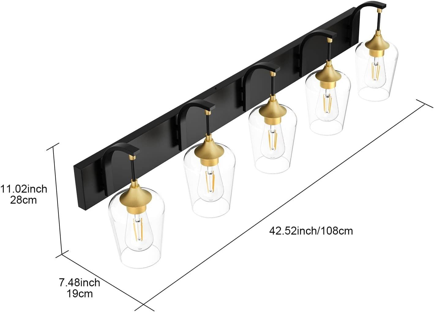 Black/Gold Bathroom Light Fixtures 5-Lights Industrial Black Vanity Lights Clear Glass Vintage Edison Black Wall Mount Light Fixture for Bathroom
