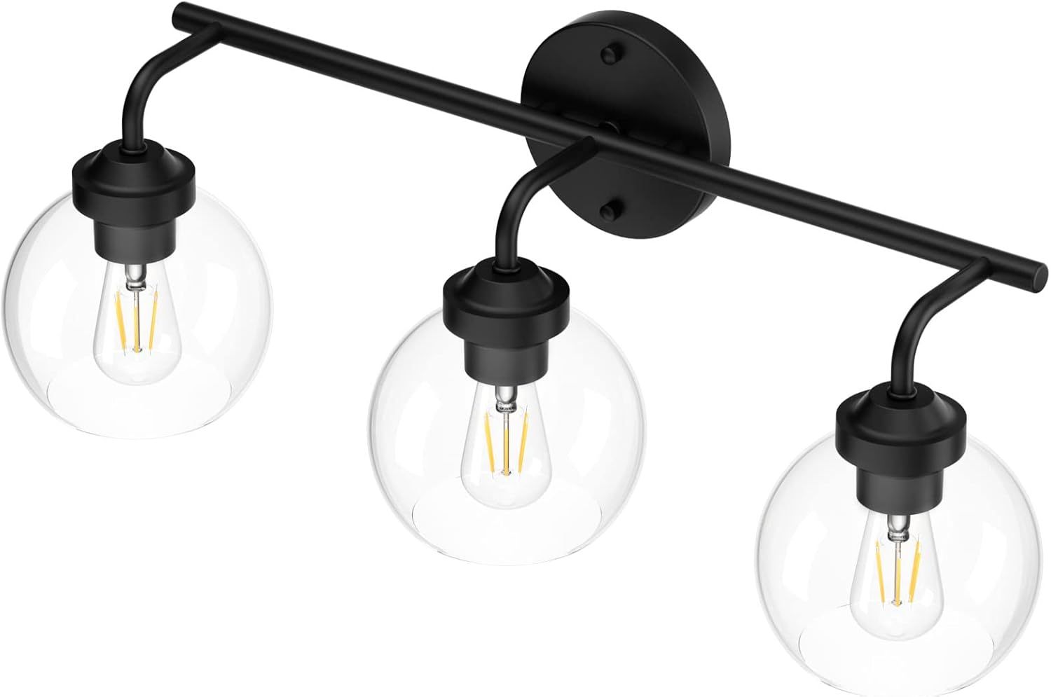 Matte Black Vanity Lights 3-Light, Clear Glass Vintage Bathroom Vanity Lights Metal Black Bathroom Vanity Light Fixture