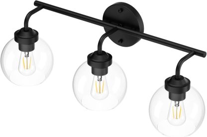Matte Black Vanity Lights 3-Light, Clear Glass Vintage Bathroom Vanity Lights Metal Black Bathroom Vanity Light Fixture