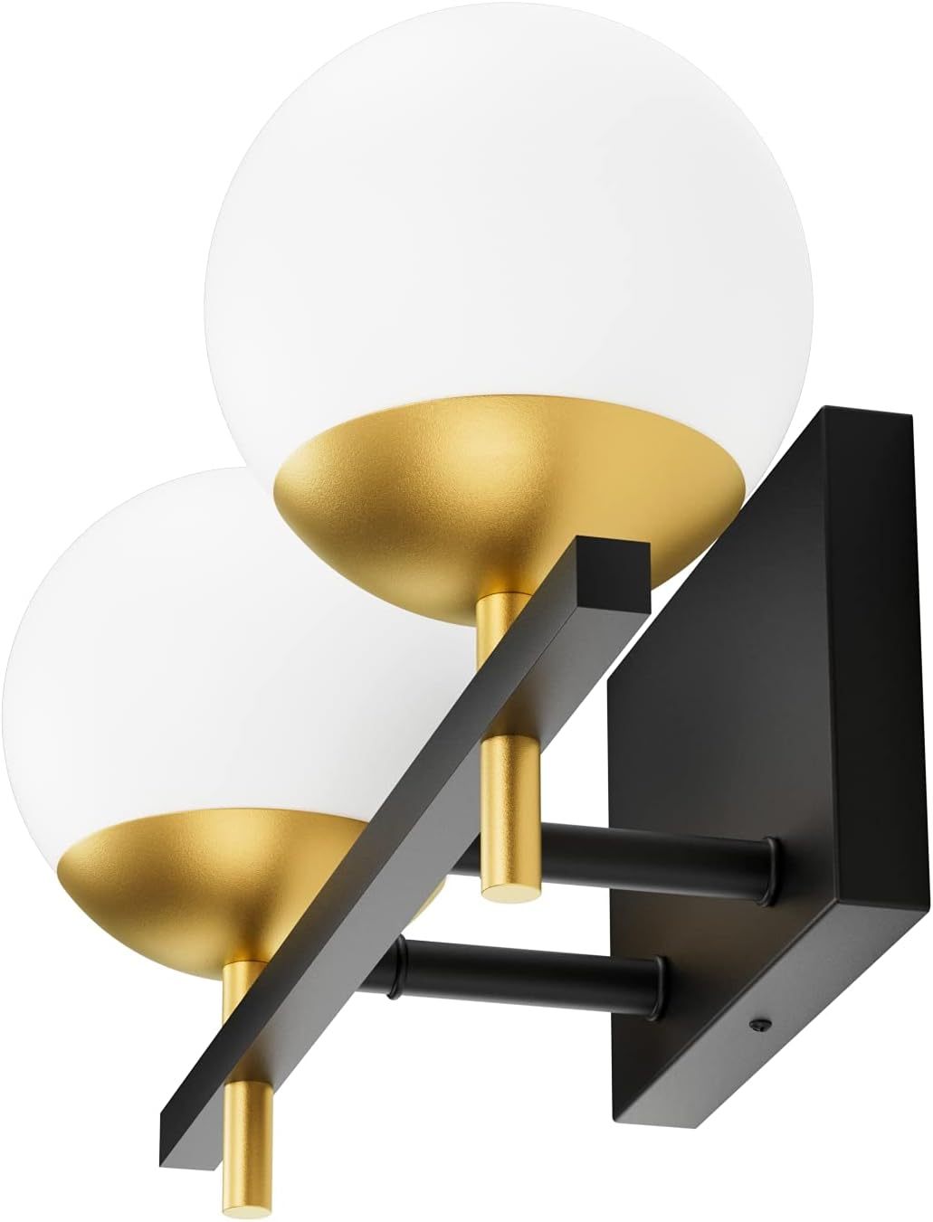 2-Light Black Gold Bathroom Vanity Light Mid Century Modern Bathroom Light Fixture Black/Golden Milky Glass Ball Wall Light for Bathroom