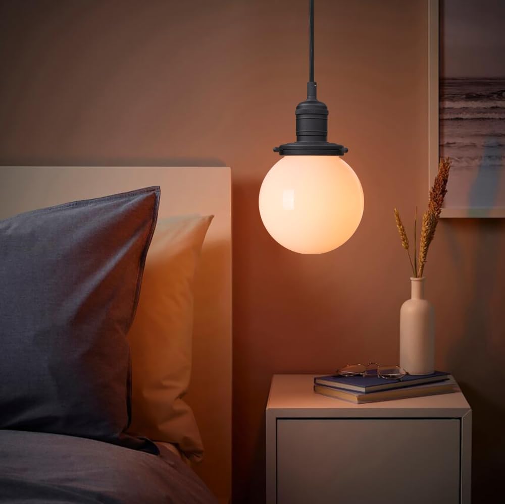 Indoor Pendant Light with Milk White Globe, 1-Light Modern Vintage Edison Hanging Light Mini Semi Flush Mount Light Fixture Decor Ceiling Light for Kitchen Bathroom Dinning Room Island(Black)