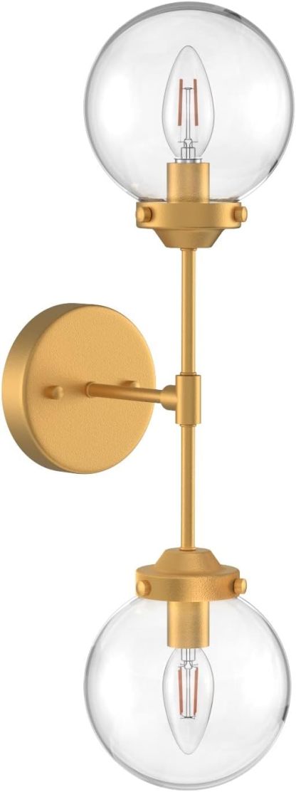 Rustic Gold Wall Sconces 2 Light Industrial Gold Wall Light Fixture Vintage Style Clear Glass Globe Gold Bathroom Light Fixtures (Exclude Bulb)