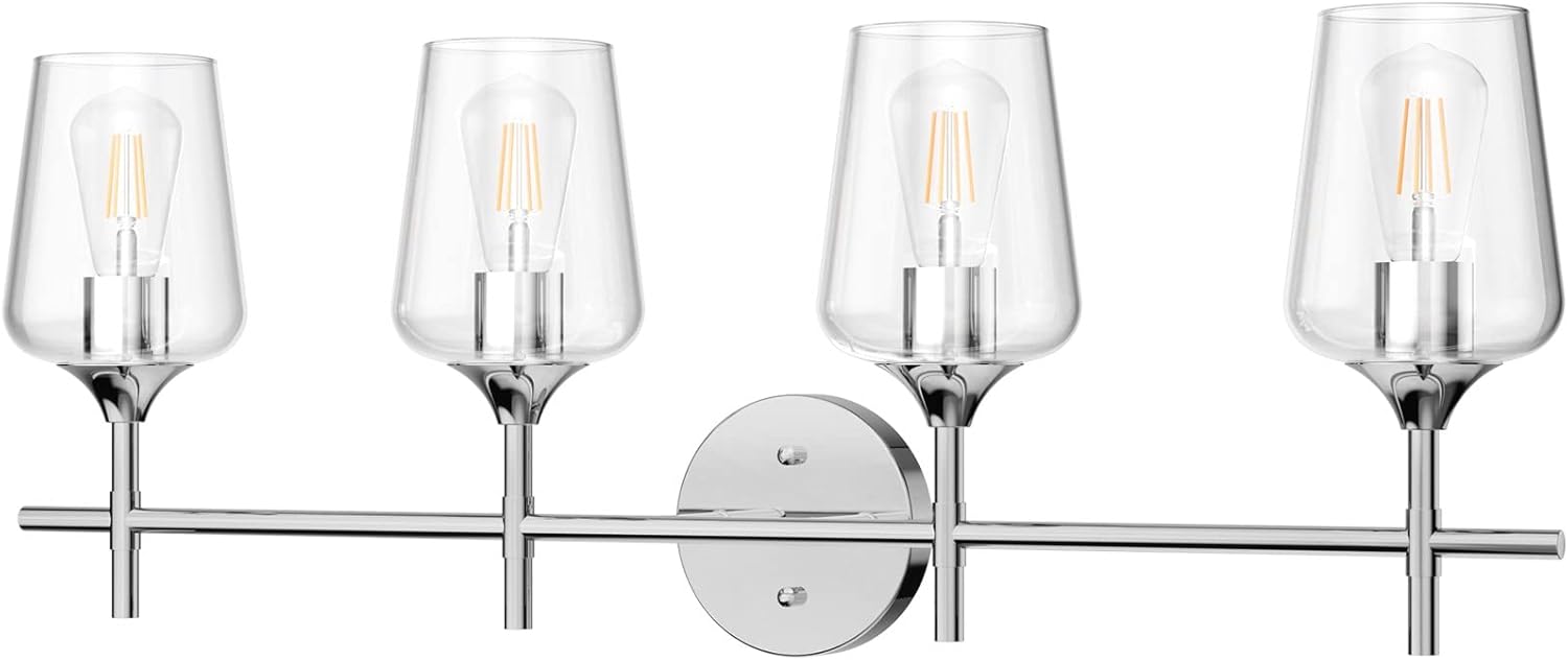 Chrome Bathoom Vanity Light 4 Light Industrial Farmhouse Chrome Bathroom Light Fixtures Over Mirror Clear Glass Chrome Vanity Light for Bathroom Wall Lighting Fixtures Over Mirror