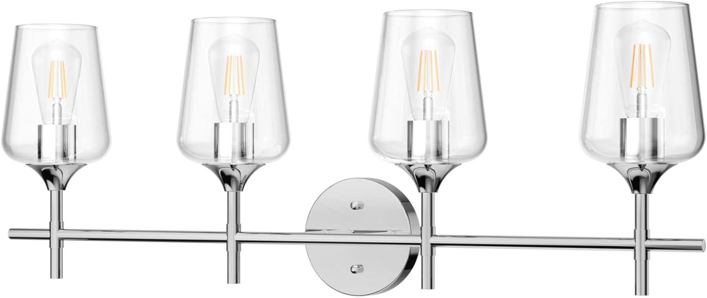 Chrome Bathoom Vanity Light 4 Light Industrial Farmhouse Chrome Bathroom Light Fixtures Over Mirror Clear Glass Chrome Vanity Light for Bathroom Wall Lighting Fixtures Over Mirror