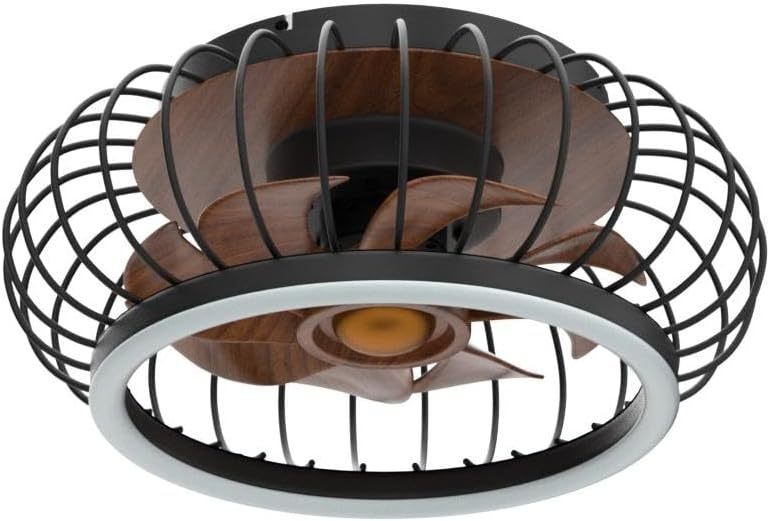 Cage Ceiling Fan with Lights Remote Control, 17”Small Industrial Bladeless Fan Light with 3 Speed, Smart 18W LED Dimmable Lighting Indoor Low Profile Ceiling Fan Flush Mount, 3 Color Changeable