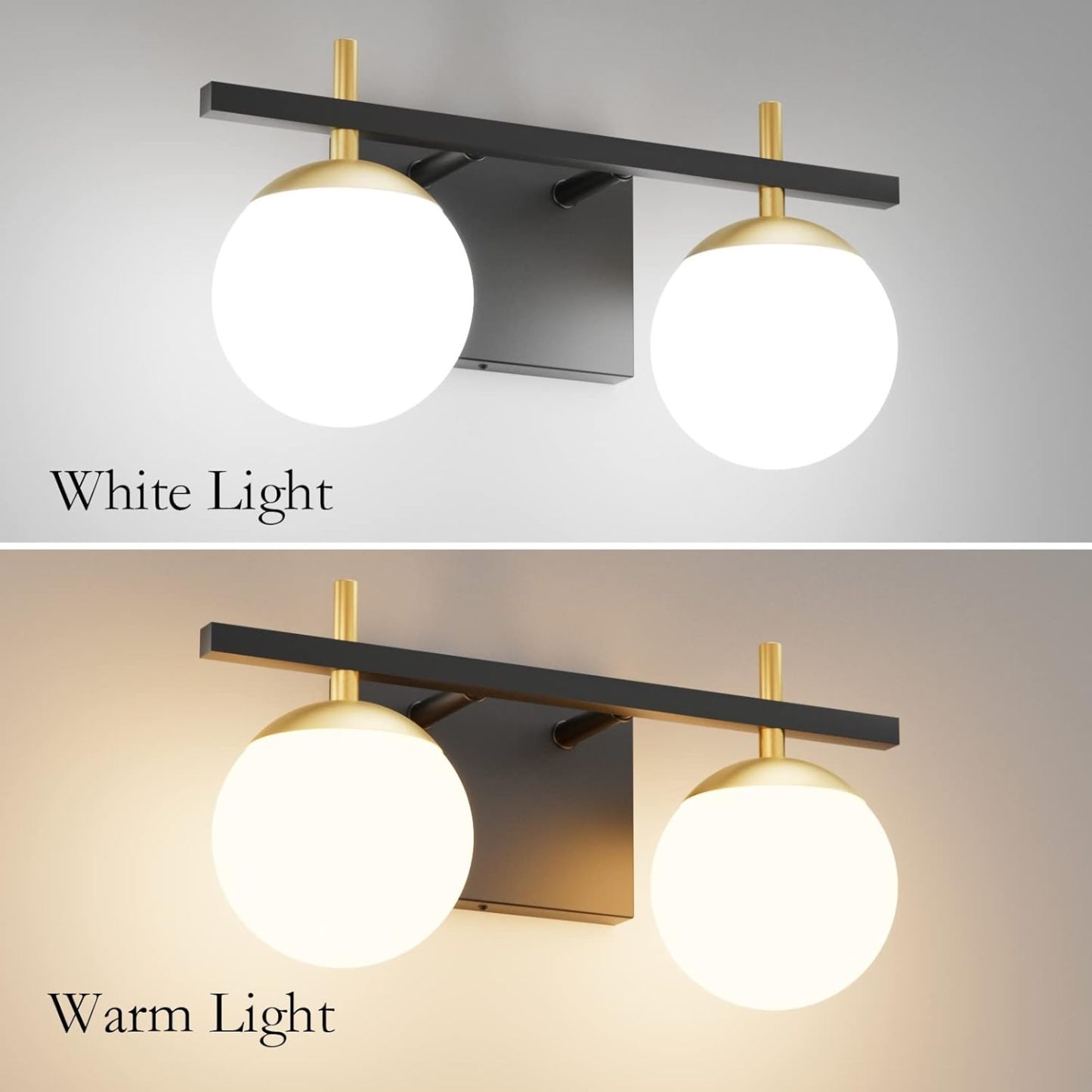 2-Light Black Gold Bathroom Vanity Light Mid Century Modern Bathroom Light Fixture Black/Golden Milky Glass Ball Wall Light for Bathroom