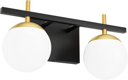 2-Light Black Gold Bathroom Vanity Light Mid Century Modern Bathroom Light Fixture Black/Golden Milky Glass Ball Wall Light for Bathroom