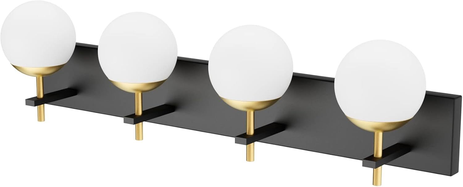 Mid Century Modern Vanity Lights for Bathroom 4-Light Milky Glass Globe Modern Bathroom Vanity Lights Over Mirror, Black/Golden Bathroom Wall Light Fixture (Exclude Bulb)