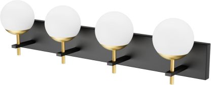 Mid Century Modern Vanity Lights for Bathroom 4-Light Milky Glass Globe Modern Bathroom Vanity Lights Over Mirror, Black/Golden Bathroom Wall Light Fixture (Exclude Bulb)