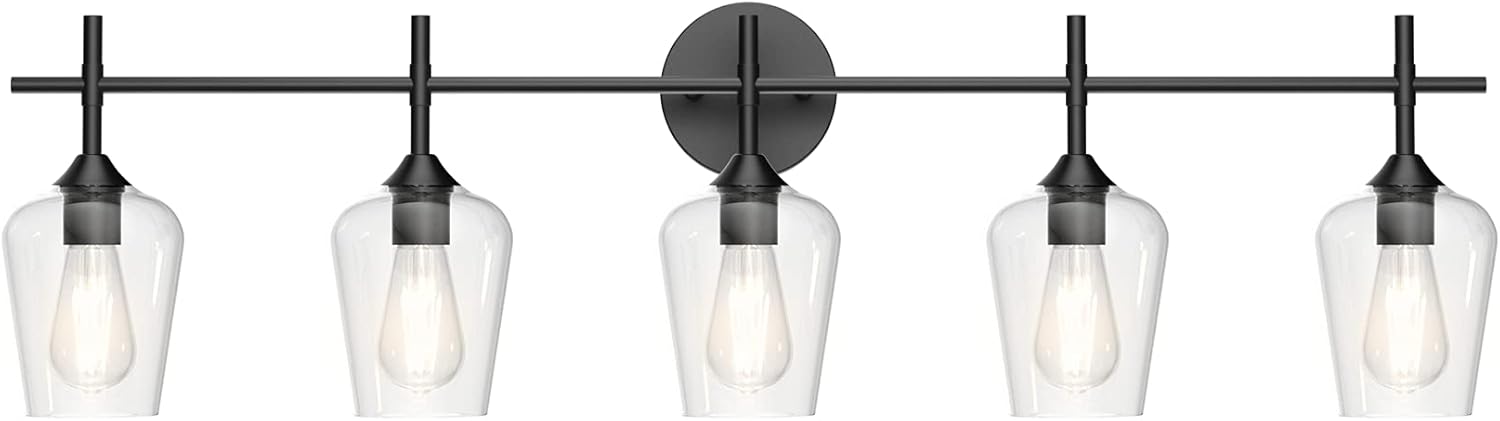 Vintage Black Bathroom Vanity Light 5-Lights Industrial Matte Black Finish with Clear Glass Vanity Lights Farmhouse Bathroom Lighting fixtures