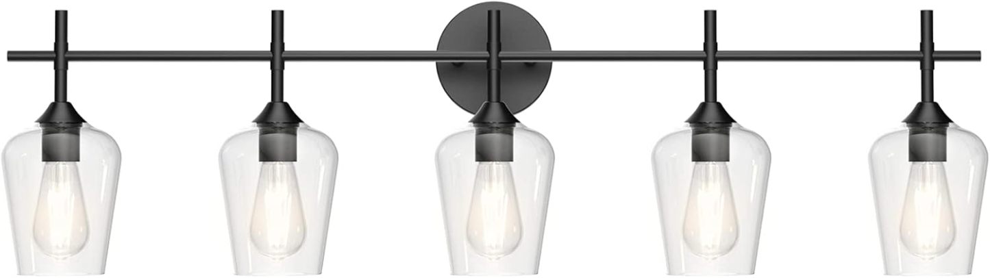 Vintage Black Bathroom Vanity Light 5-Lights Industrial Matte Black Finish with Clear Glass Vanity Lights Farmhouse Bathroom Lighting fixtures
