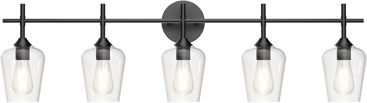Vintage Black Bathroom Vanity Light 5-Lights Industrial Matte Black Finish with Clear Glass Vanity Lights Farmhouse Bathroom Lighting fixtures