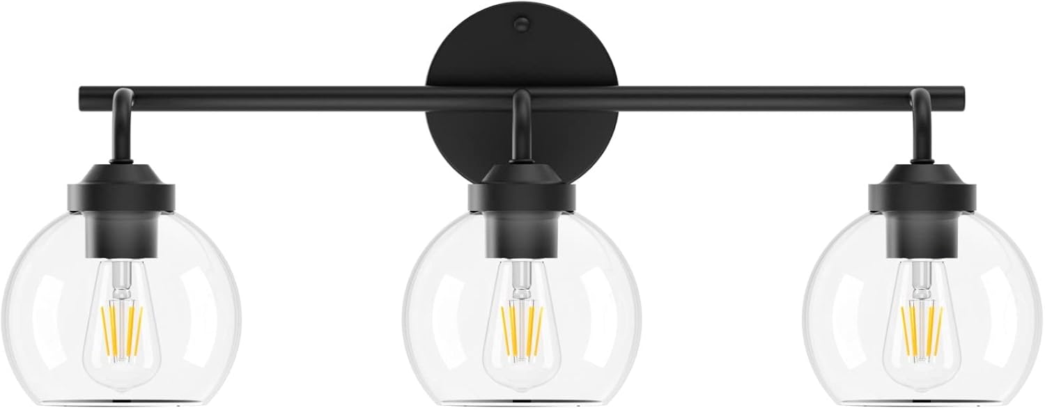 Matte Black Vanity Lights 3-Light, Clear Glass Vintage Bathroom Vanity Lights Metal Black Bathroom Vanity Light Fixture